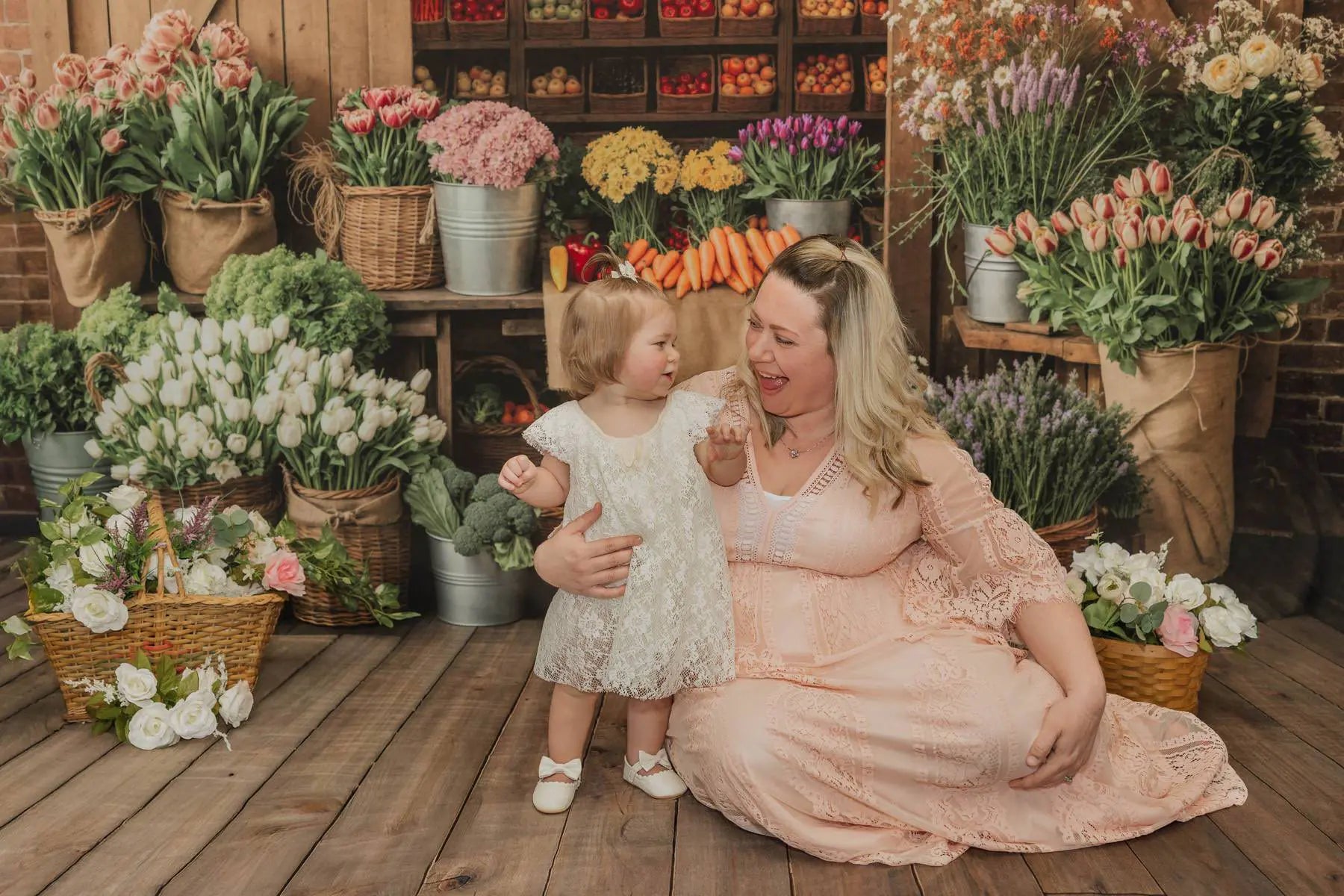 Kate Flower Market Fruits Vegetables Rustic Barn Brick Wall Printed Backdrop Designed by Emetselch