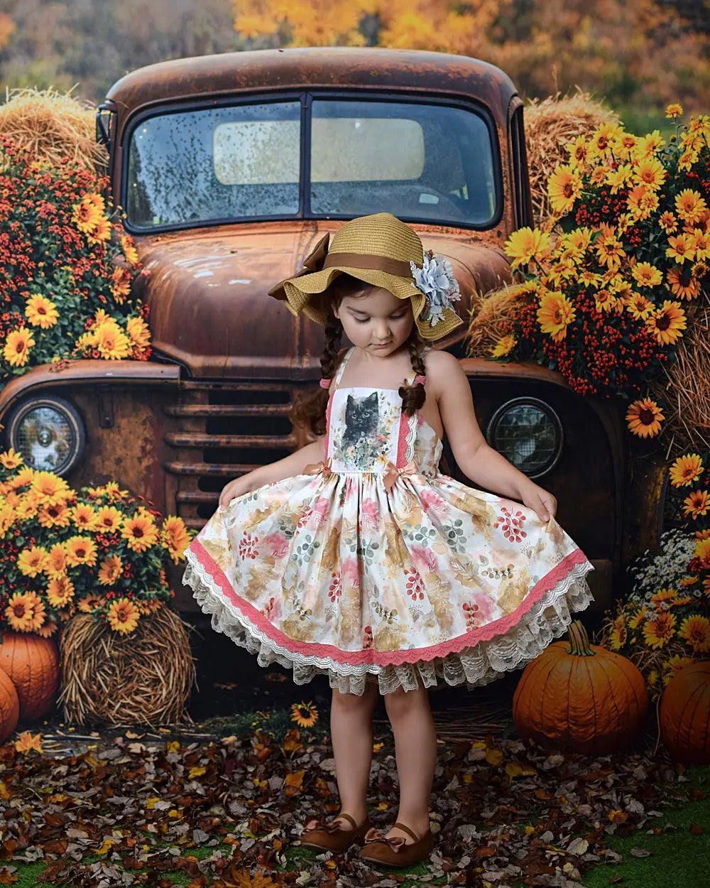 Kate Fall Vintage Truck Pumpkins Hay Bales Sunflowers Backdrop Designed by Emetselch