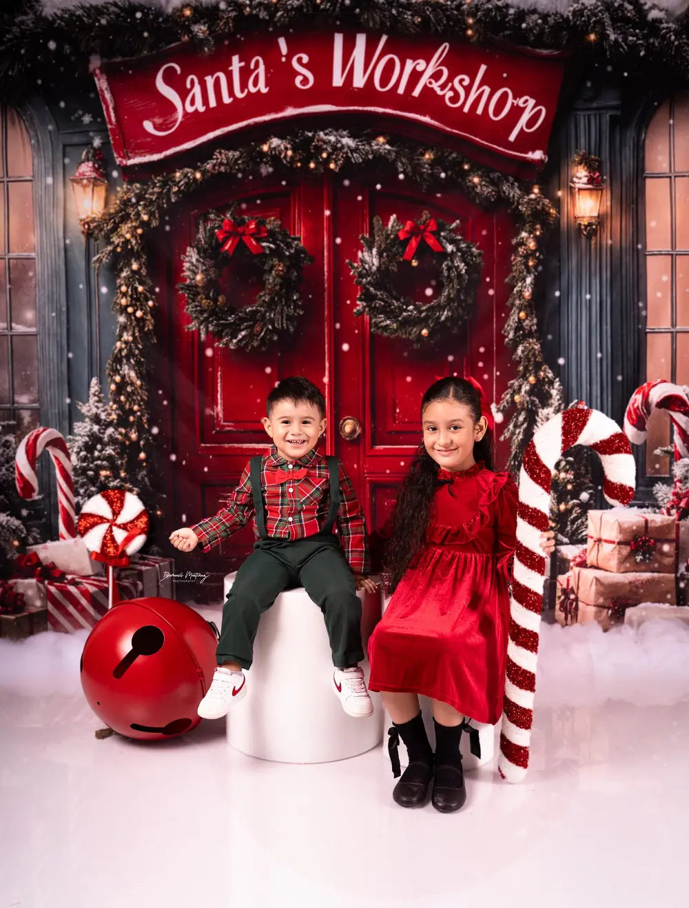 Kate Christmas Santa's Workshop Red Door Snow Backdrop Designed by Emetselch