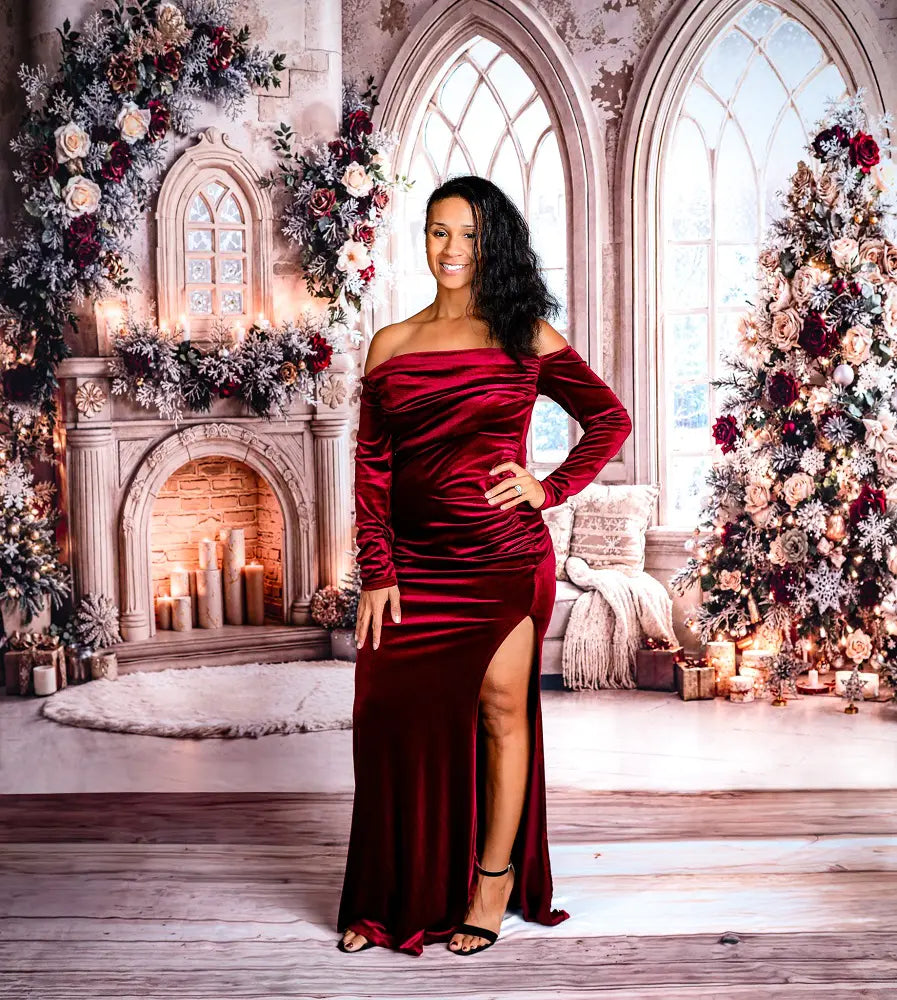 Kate Christmas Tree Roses Fireplace Arched Window Backdrop Designed by Emetselch