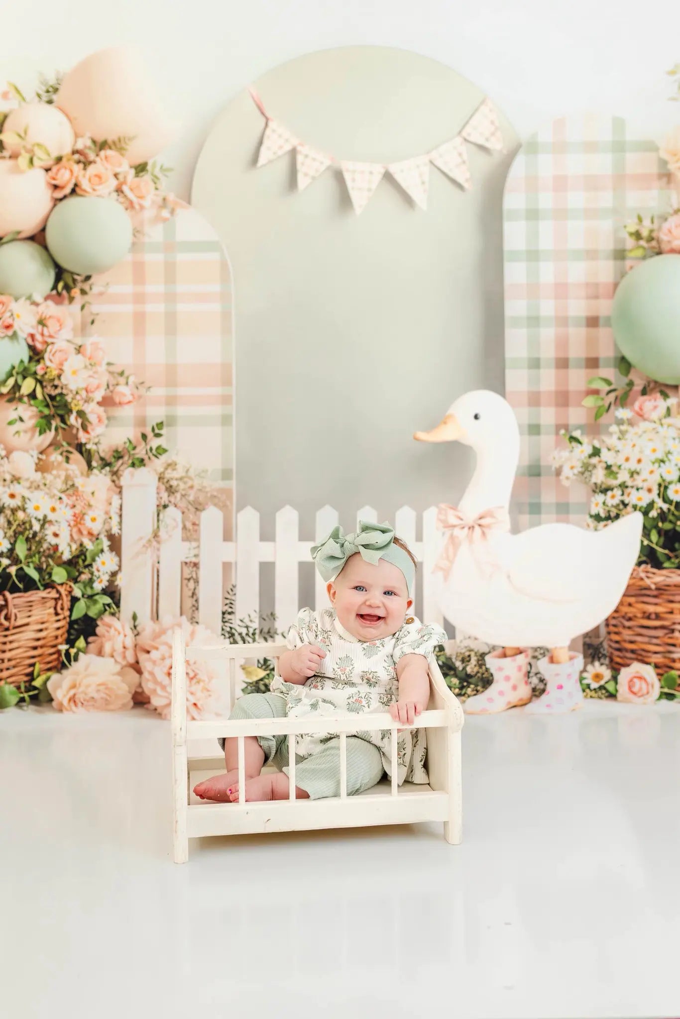 Kate Cake Smash Silly Goose Flower Arch Plaid Balloons Picket Fence Backdrop Designed by Emetselch