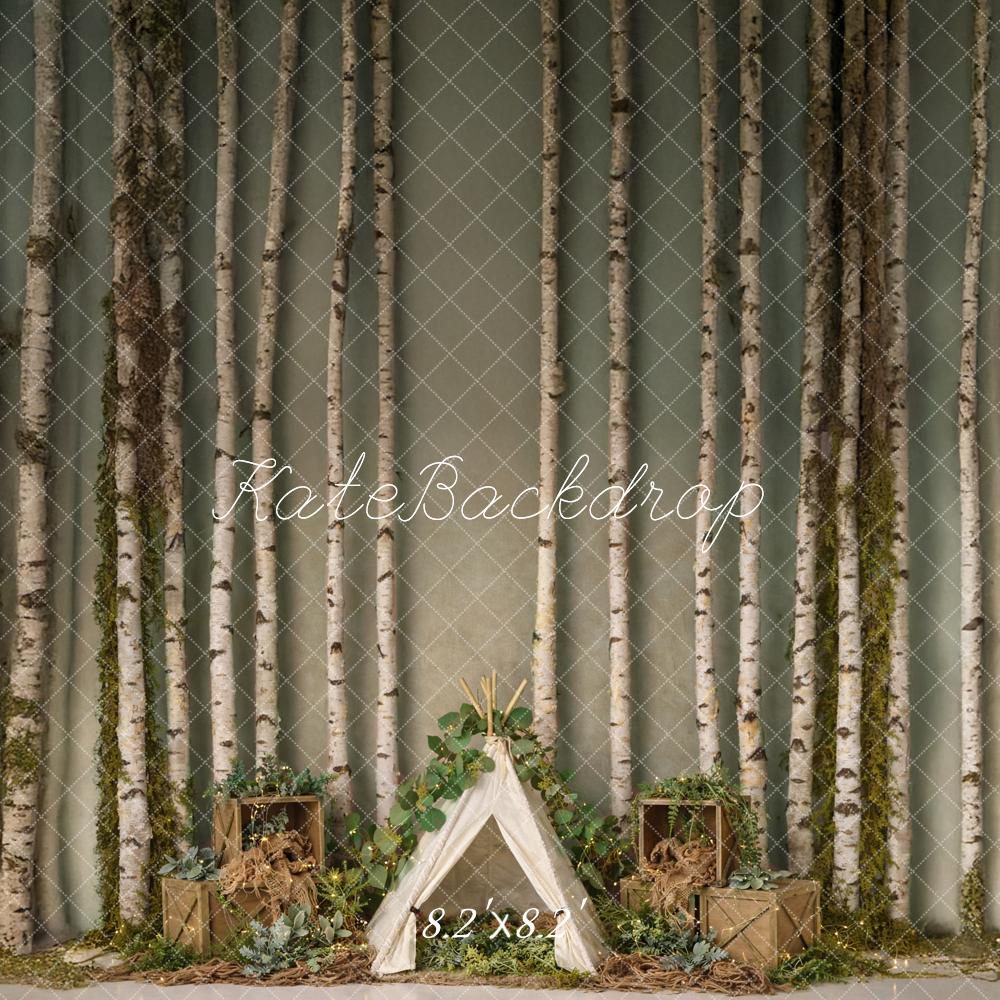 Kate Camping Forest Birch Trees Crates Teepee Printed Backdrop Designed by Mandy Ringe Photography