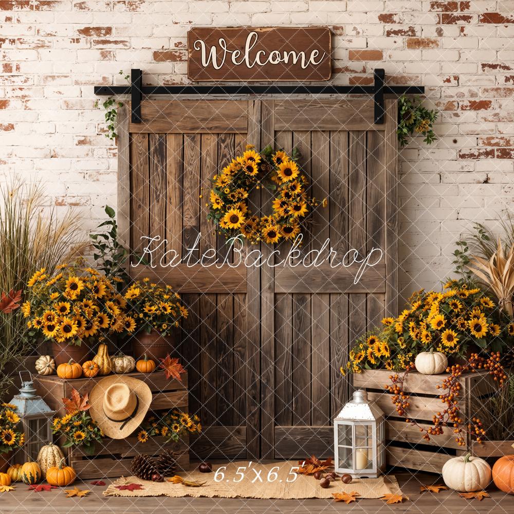 Kate Fall Sunflower Pumpkin Barn Door Rustic Printed Backdrop Designed by Emetselch