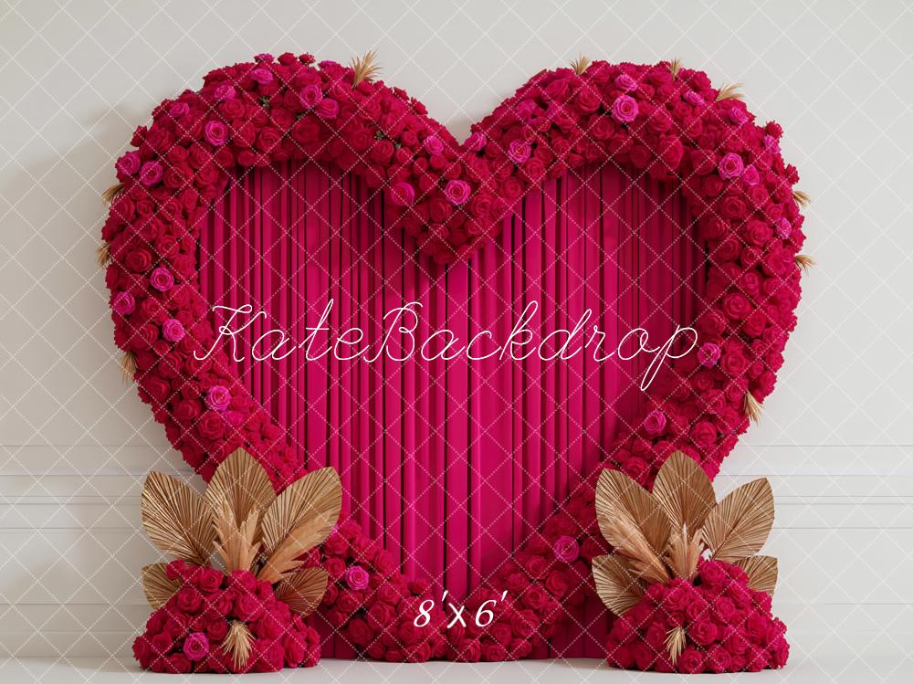 Kate Valentines Heart Flower Arch Pink Roses Gold Leaves Printed Backdrop Designed by Mini MakeBelieve
