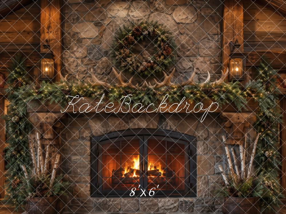 Kate Christmas Rustic Stone Fireplace Wreath Garland Antlers Lanterns Printed Backdrop Designed by Vertigo Productions