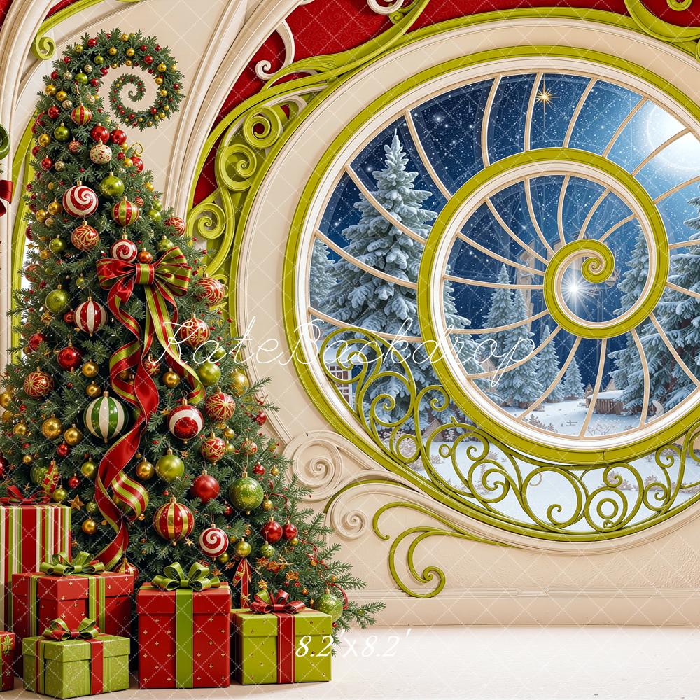 Kate Christmas Elf Spiral Window Decorated Trees Gifts Printed Backdrop Designed by Shutter Swan Studios