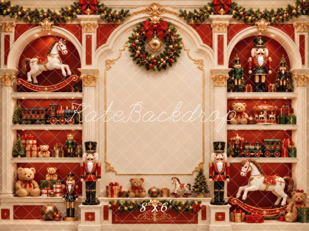 Kate Christmas Nutcracker Toy Train Rocking Horse Red Printed Backdrop Designed by Vertigo Productions