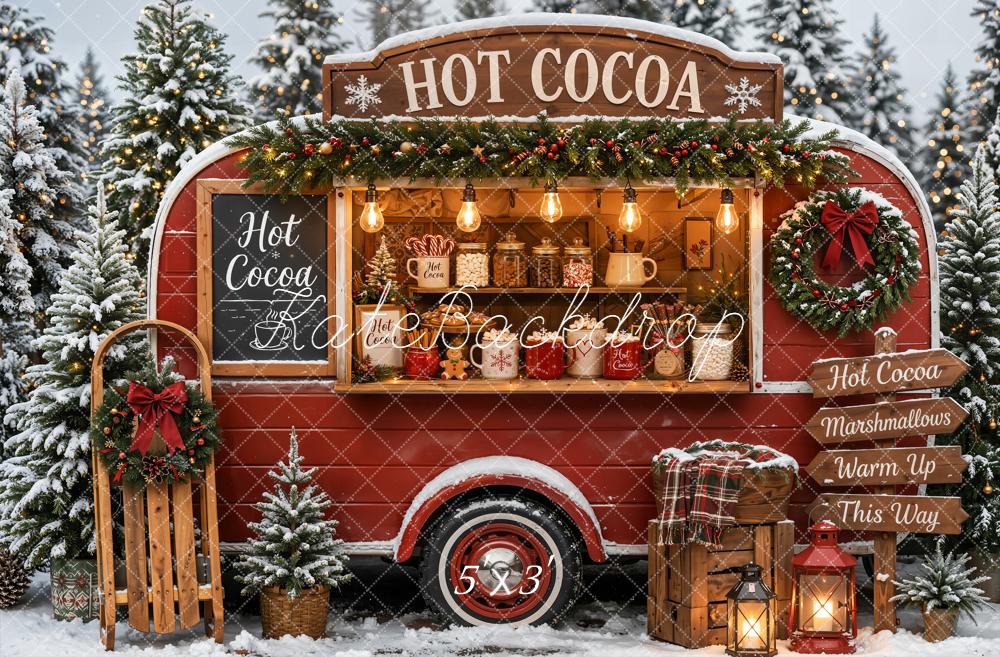 Kate Christmas Hot Cocoa Red Camper Van Snowy Forest Printed Backdrop Designed by Emetselch