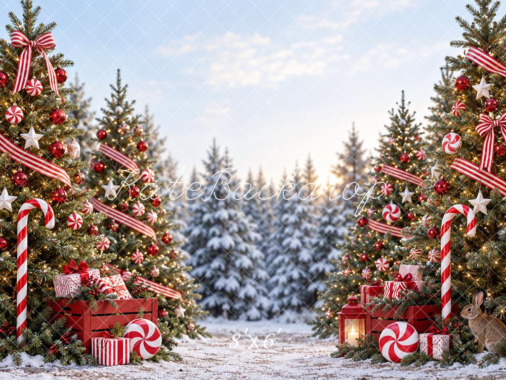 Kate Christmas Candy Cane Trees And Gifts Printed Backdrop Designed by Vertigo Productions