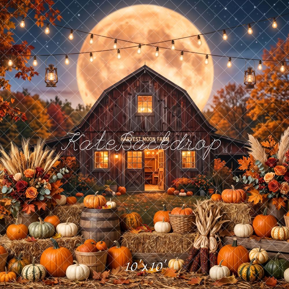 Kate Fall Harvest Barn Pumpkins Full Moon String Lights Printed Backdrop Designed by Patty Roberts