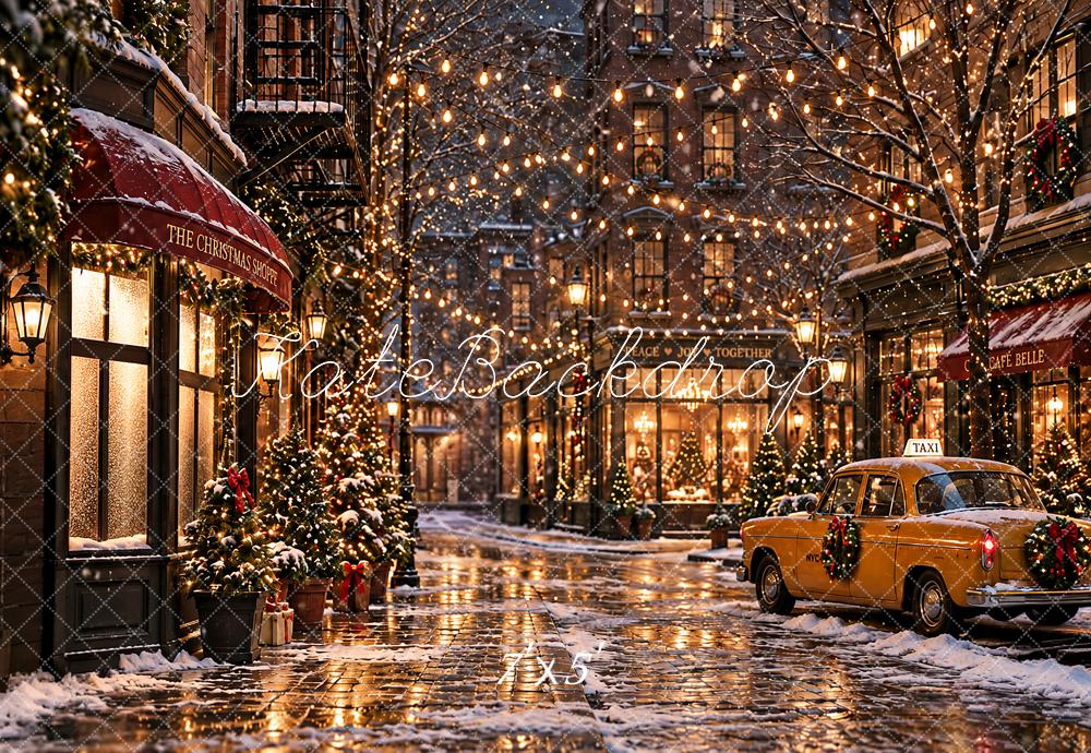 Kate Christmas Snowy City Street Taxi NYC Printed Backdrop Designed by Angela Miller