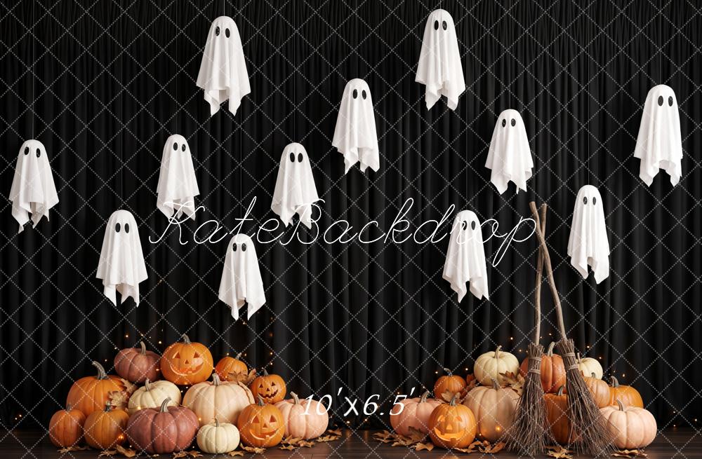 Kate Halloween Ghost Pumpkin Broom Black Wall Printed Backdrop Designed by Patty Roberts