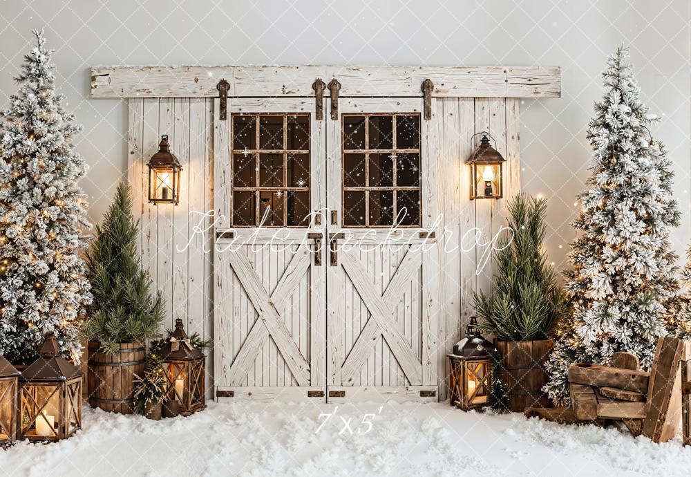 Kate Christmas Barn Door Lanterns Snowy Trees White Backdrop Designed by Emetselch