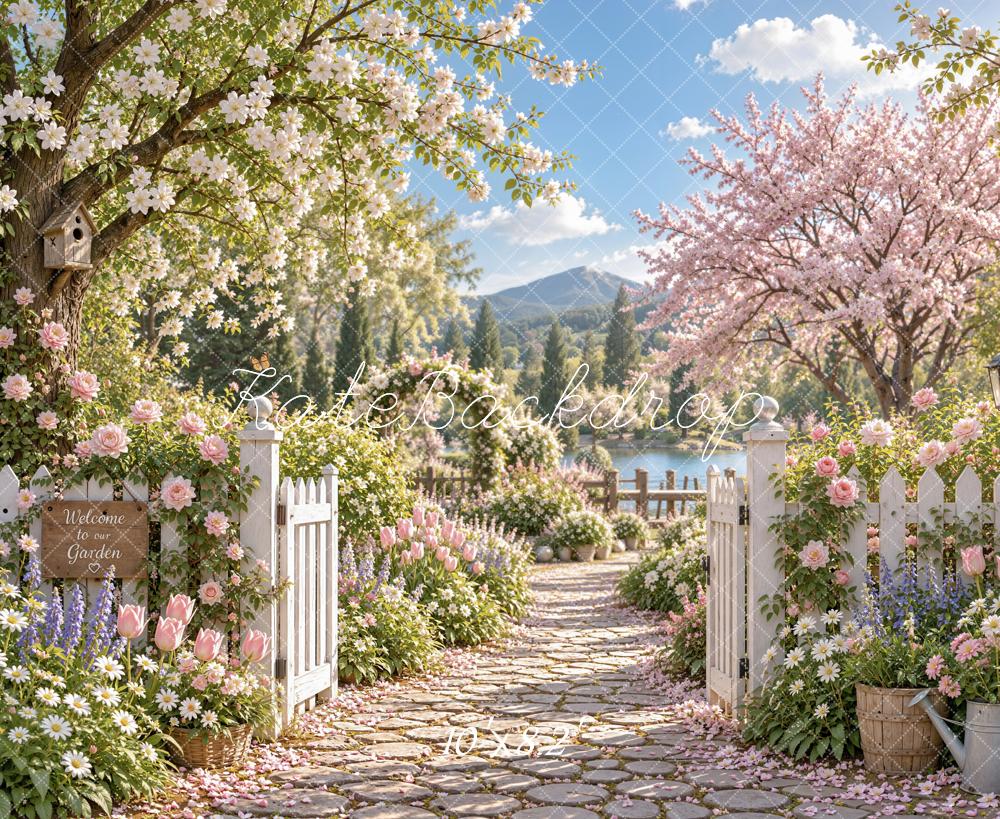 Kate Spring Cherry Blossoms Flower Garden Gate Mountain View Printed Backdrop Designed by Emetselch