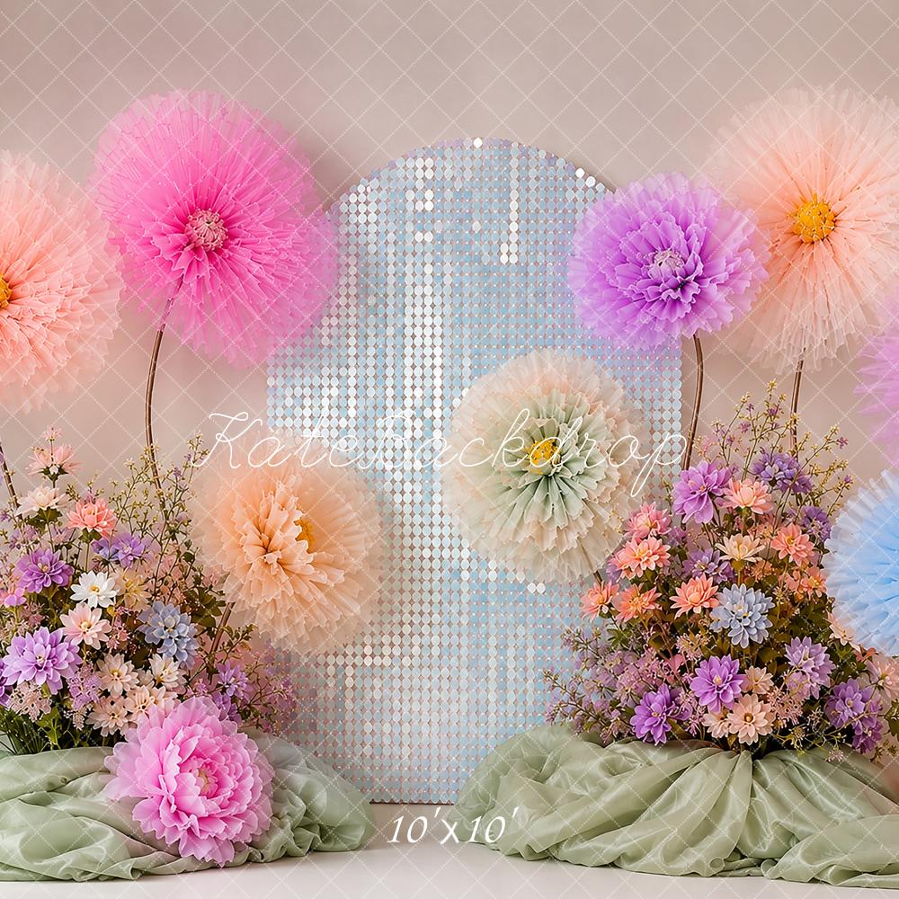 Kate Cake Smash Pastel Paper Flowers Sequin Arch Printed Backdrop Designed by Shutter Swan Studios