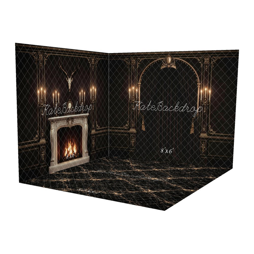 Kate Dark Vintage Arch Candlestick Wall Panel Printed Backdrop Room Set