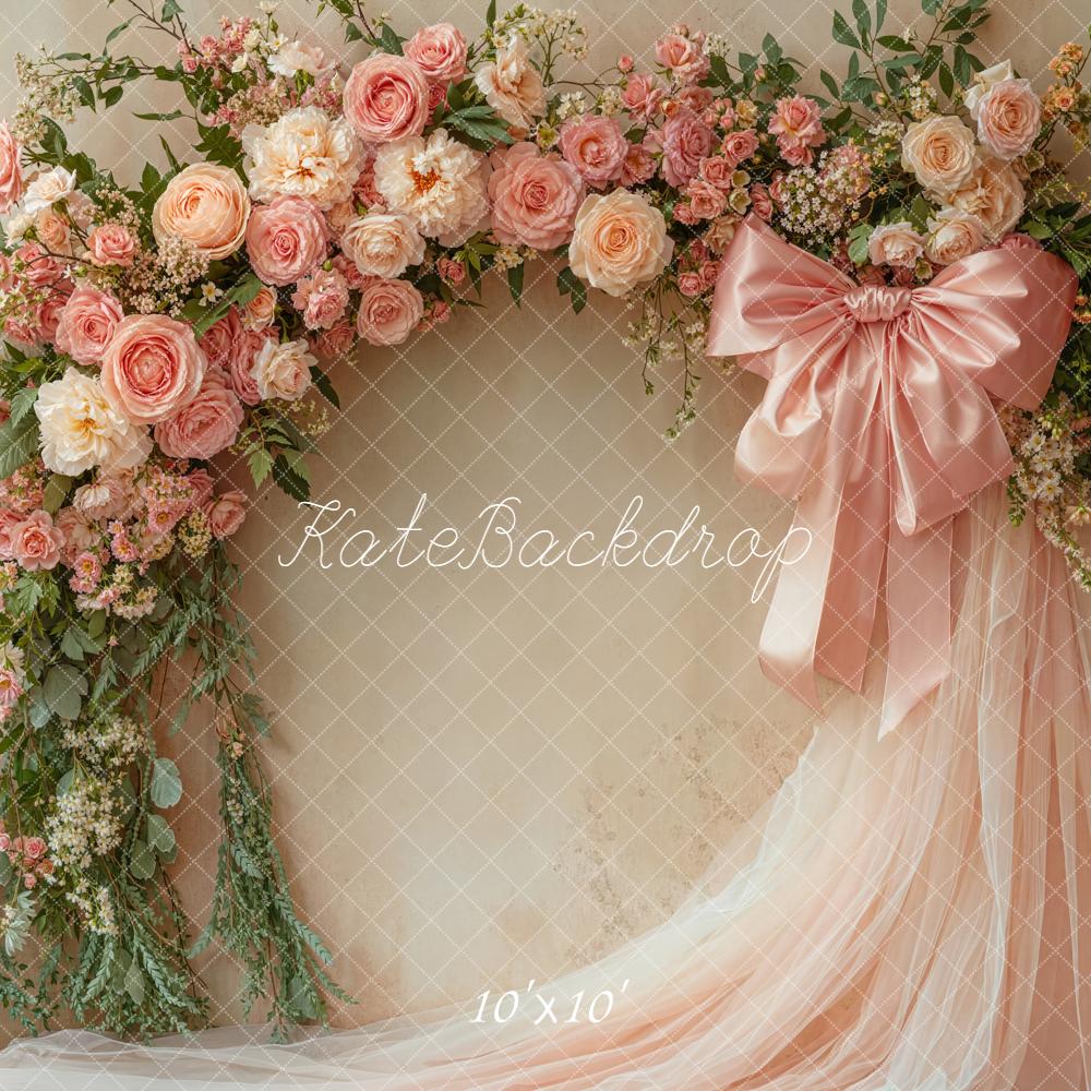 Kate Spring Flower Arch Pink Roses Satin Bow Tulle Backdrop Designed by Emetselch