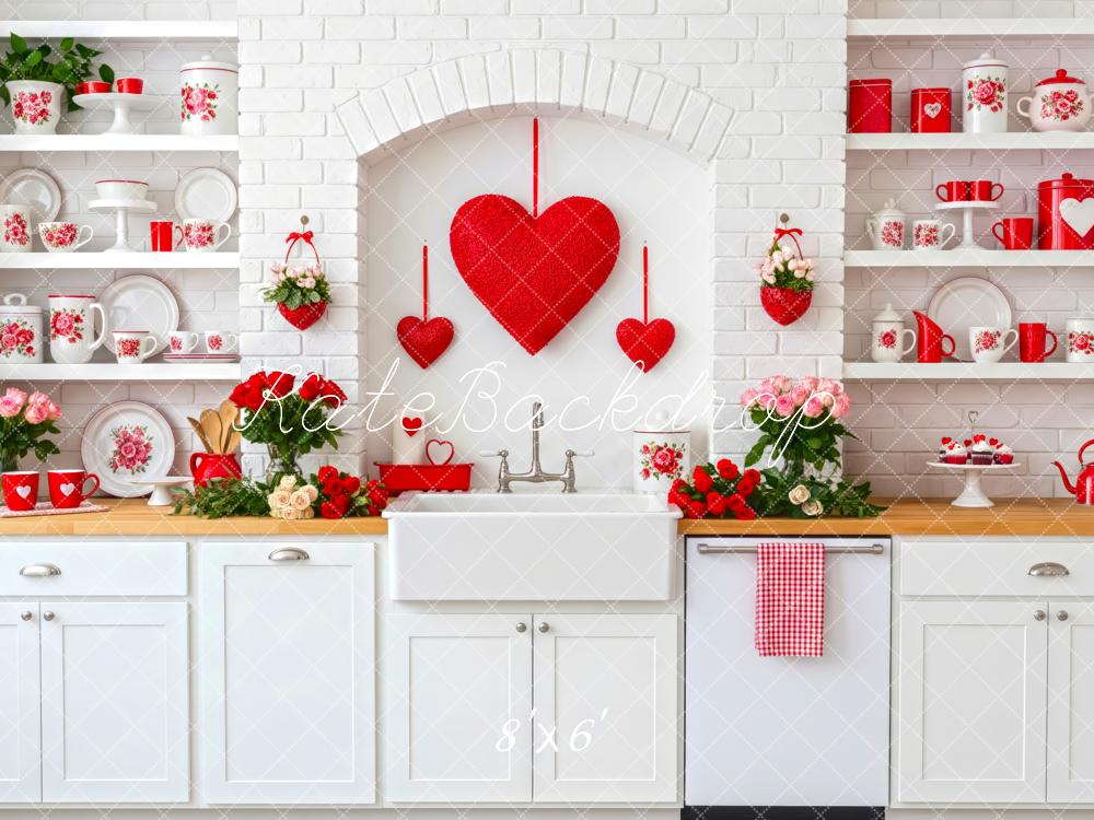 Kate Valentine's Day Red Hearts White Brick Kitchen Backdrop Designed by Patty Roberts