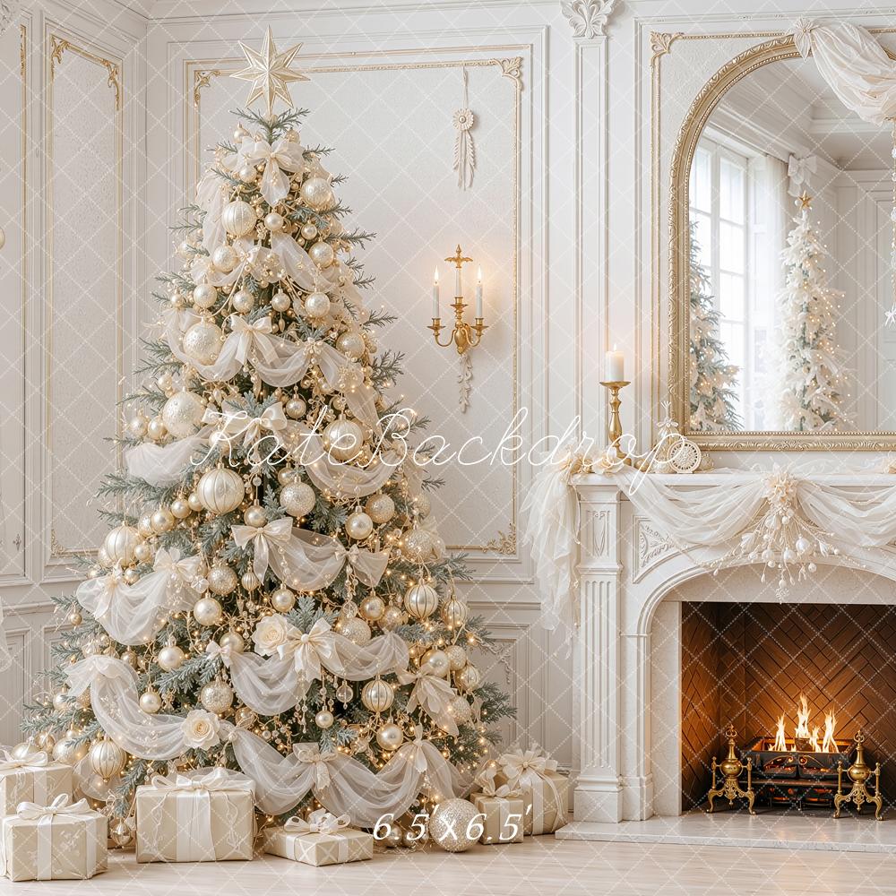 Kate Christmas Tree Luminous Ivory Tulle Fireplace Mirror Printed Backdrop Designed by Shutter Swan Studios