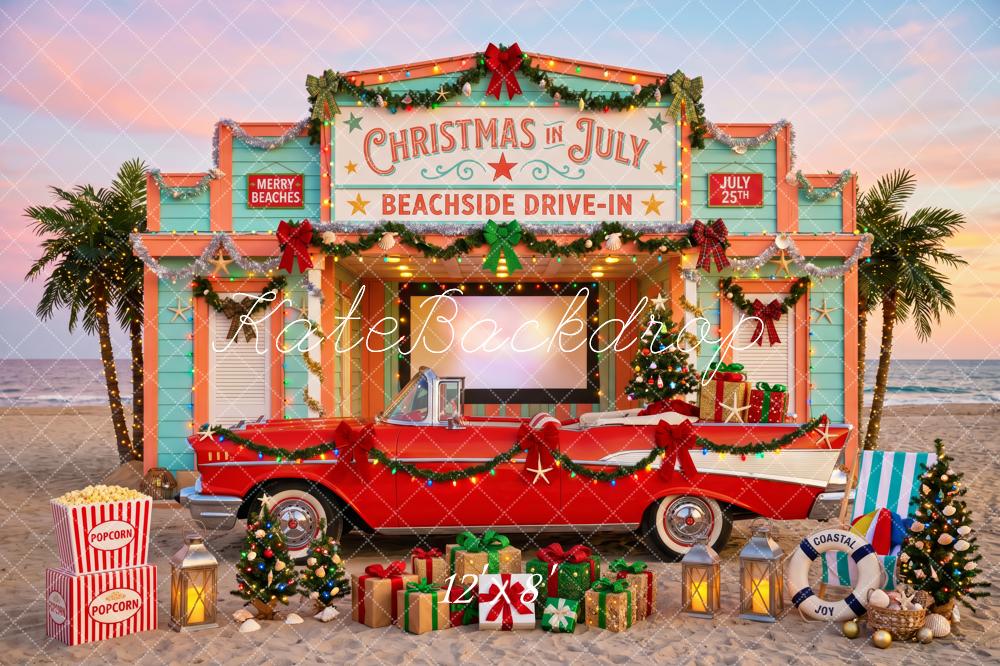 Kate Christmas in July Beach Drive-In Red Vintage Car Presents Palm Trees Printed Backdrop Designed by Patty Roberts