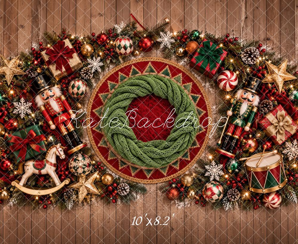 Kate Christmas Newborn Nutcracker Wreath Garland Red Green Printed Backdrop Designed by Laura Bybee