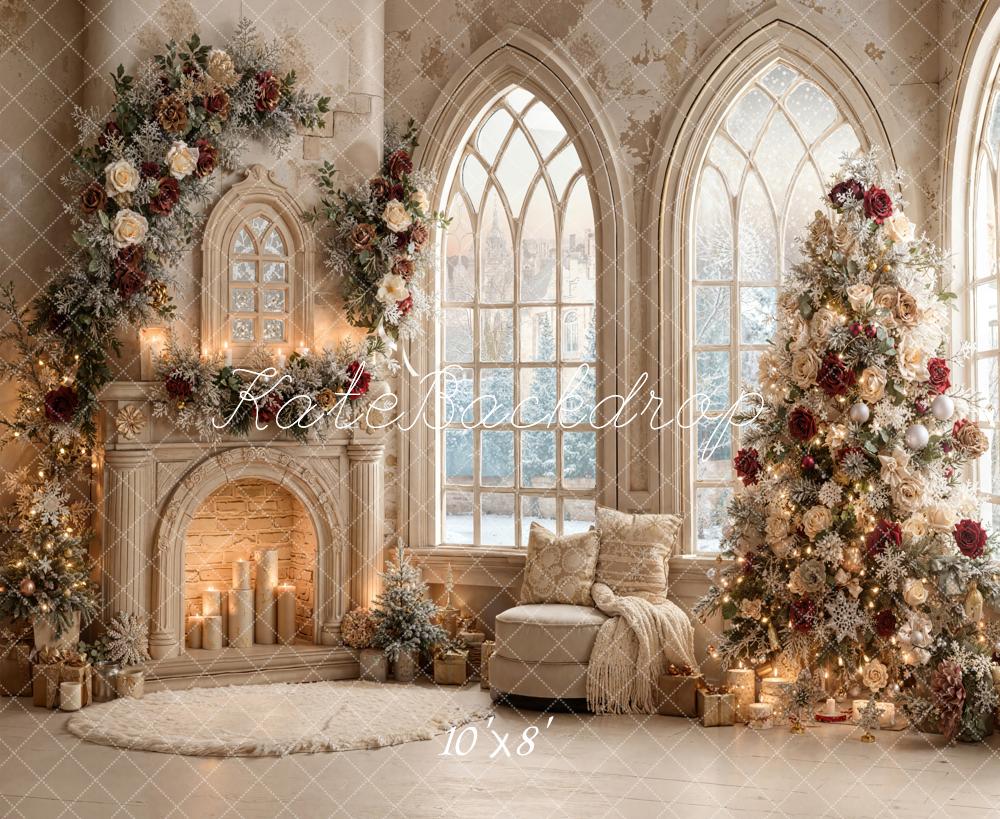 Kate Christmas Tree Roses Fireplace Arched Window Backdrop Designed by Emetselch