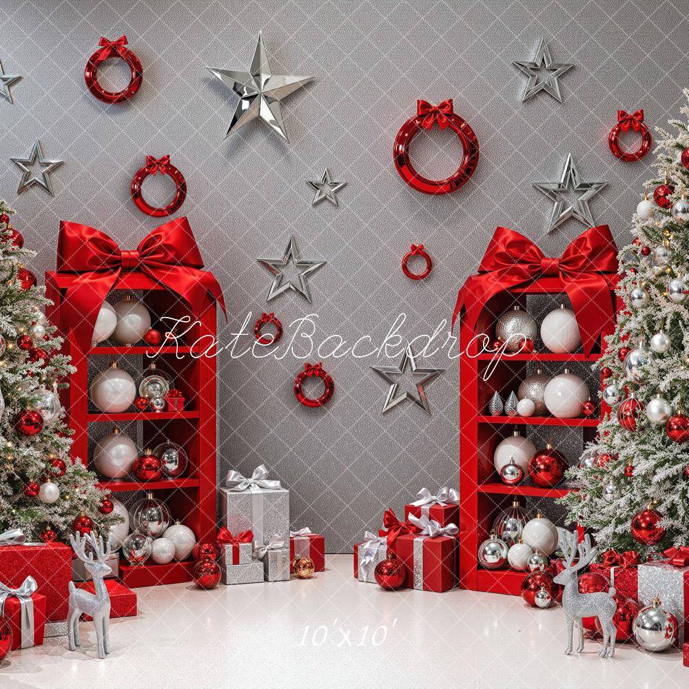 Kate Christmas Glitter Red Silver Trees Shelves Gift Boxes Printed Backdrop Designed by Mini MakeBelieve