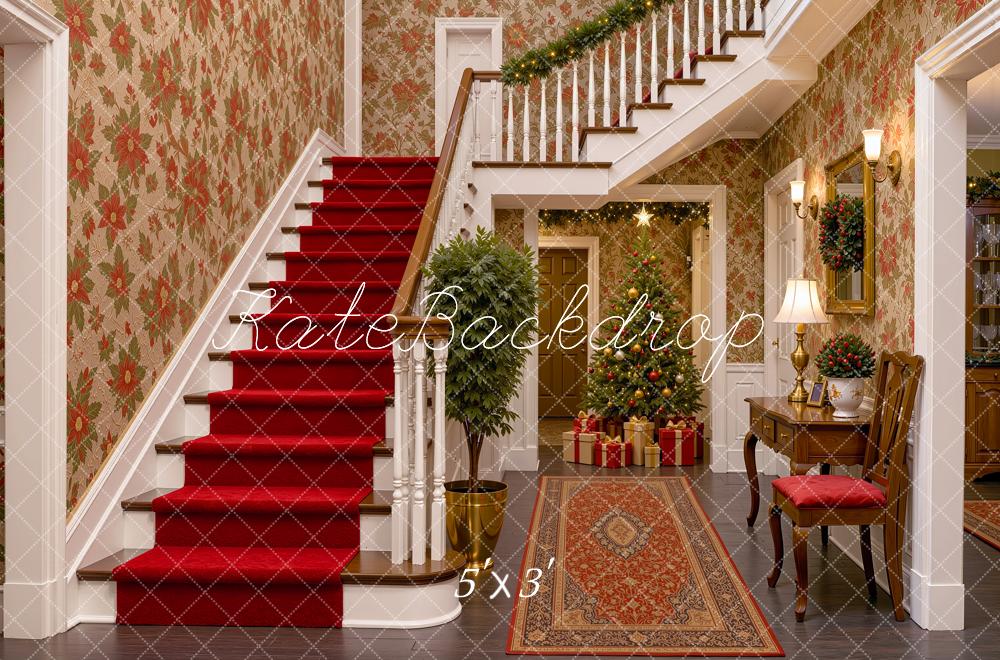 Kate Christmas Staircase Vintage Red Christmas Tree Printed Backdrop Designed by Shutter Swan Studios
