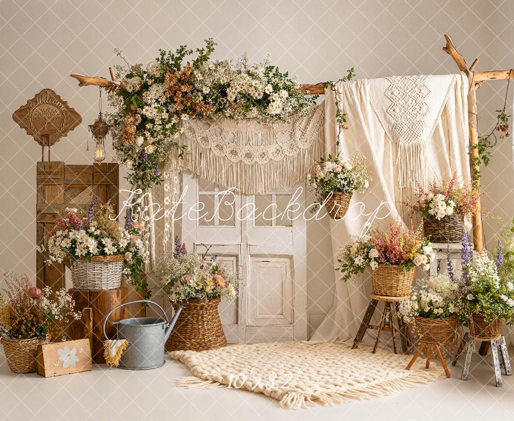 Kate Boho Flower Arch Macrame Wicker Baskets Neutral Printed Backdrop Designed by Emetselch