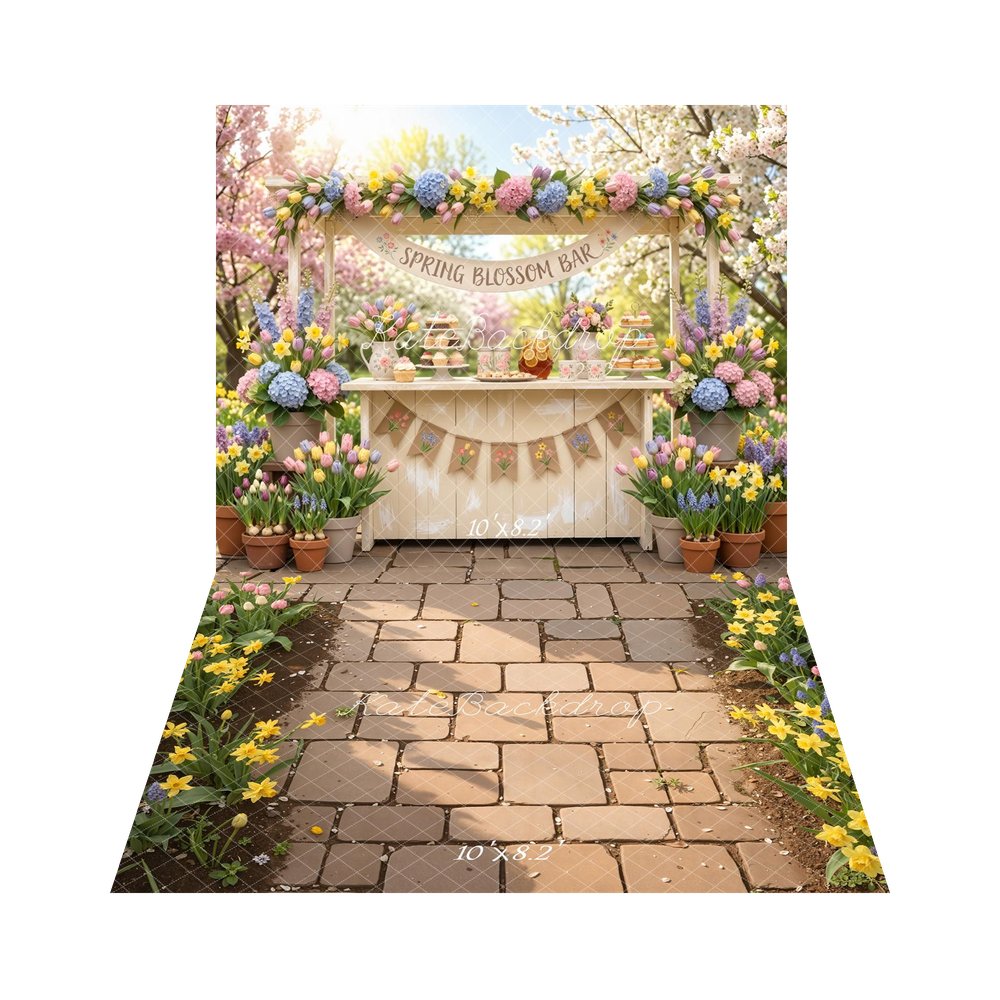 Kate Spring Blossom Bar Flower Cart Pastel Garden Backdrop+Spring Cobblestone Pathway Yellow Daffodils Floor Backdrop