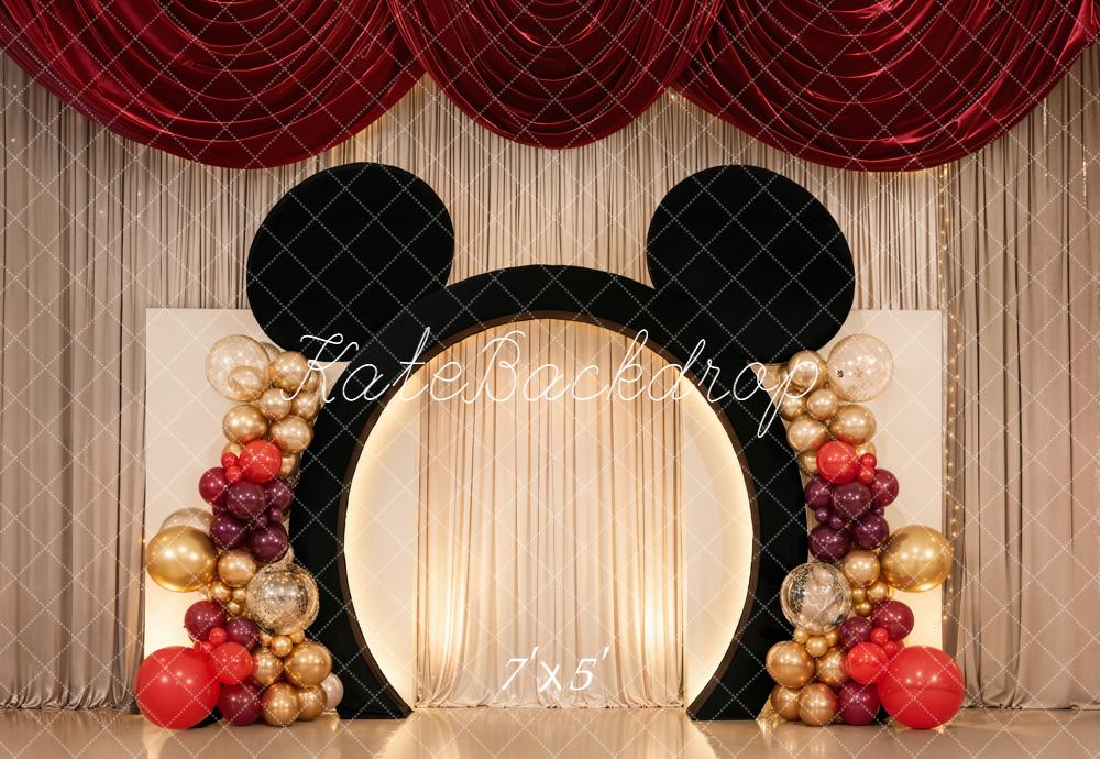 Kate Cake Smash Mouse Ears Balloon Arch Red Gold Drapes Backdrop Designed by Chain Photography