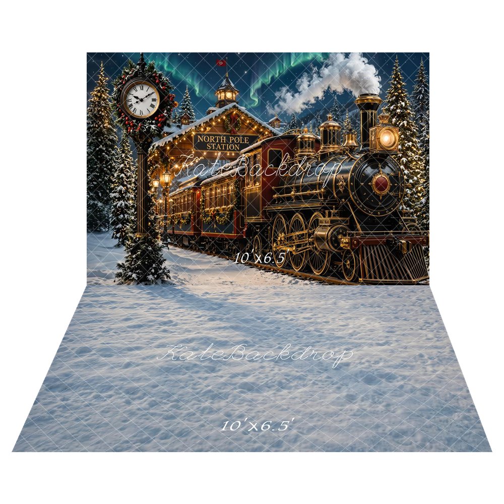 Kate Christmas Polar Train North Pole Station Snowy Trees Printed Backdrop+Snow Frosted Printed Floor Backdrop