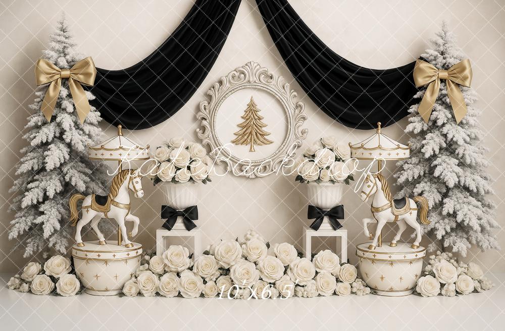 Kate Christmas Carousel White Roses Frosted Trees Backdrop Designed by Ashley Paul
