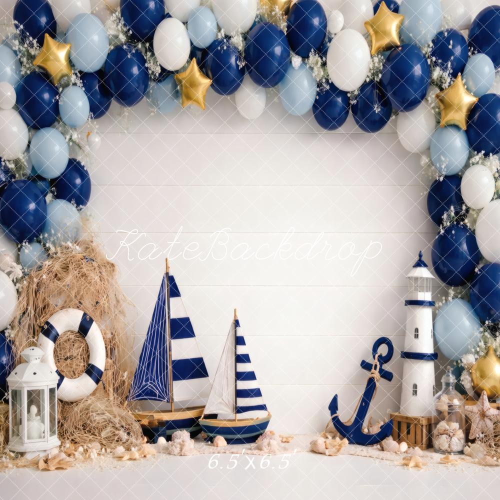 Kate Cake Smash Nautical Balloon Arch Sailboat Anchor Lighthouse Blue White Printed Backdrop Designed by Vertigo Productions