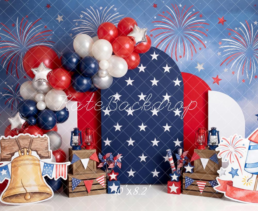 Kate Fourth Of July Fireworks Balloons Liberty Bell Rocket Stars Printed Backdrop Designed by Patty Roberts
