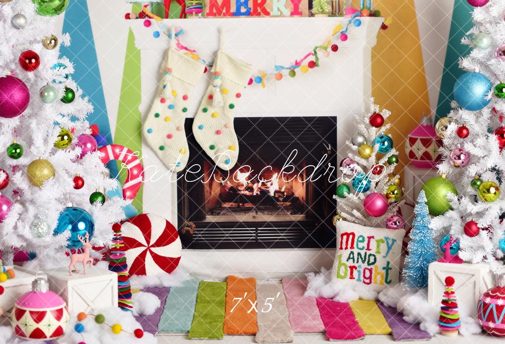Kate Christmas White Trees Colorful Fireplace Ornaments Backdrop Designed by Mandy Ringe Photography