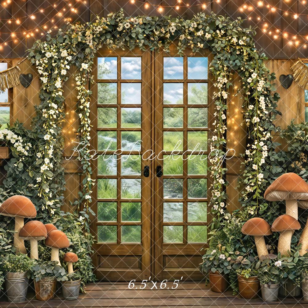 Kate Spring Mushroom Garland Fairy Lights Rustic Cottage Printed Backdrop Designed by Mini MakeBelieve