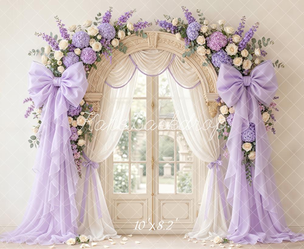Kate Mother's Day Flower Arch Purple Bow Drapes Window Printed Backdrop Designed by Emetselch