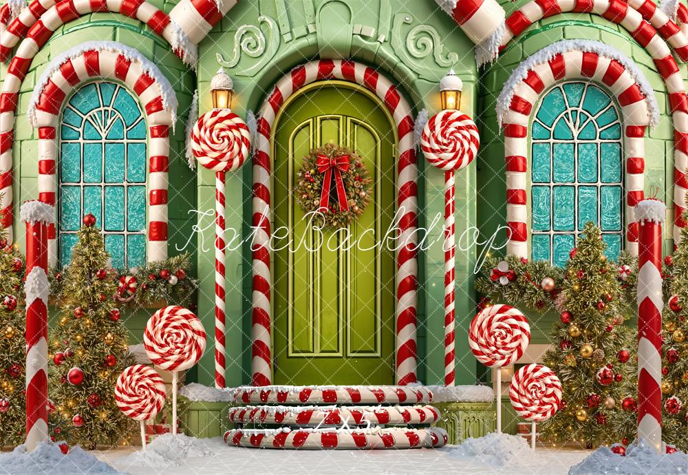 Kate Christmas Candy Cane House Green Door Lollipop Snow Backdrop Designed by Emetselch