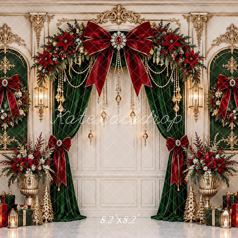 Kate Christmas Opulent Baroque Red Bow Arch Curtains Vintage Printed Backdrop Designed by Ashley Paul