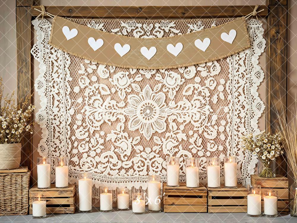 Kate Boho Lace Heart Garland Candles Backdrop Designed by Mini MakeBelieve