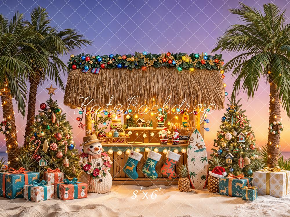 Kate Christmas Tropical Beach Hut Palm Trees Surfboard Printed Backdrop Designed by Emetselch