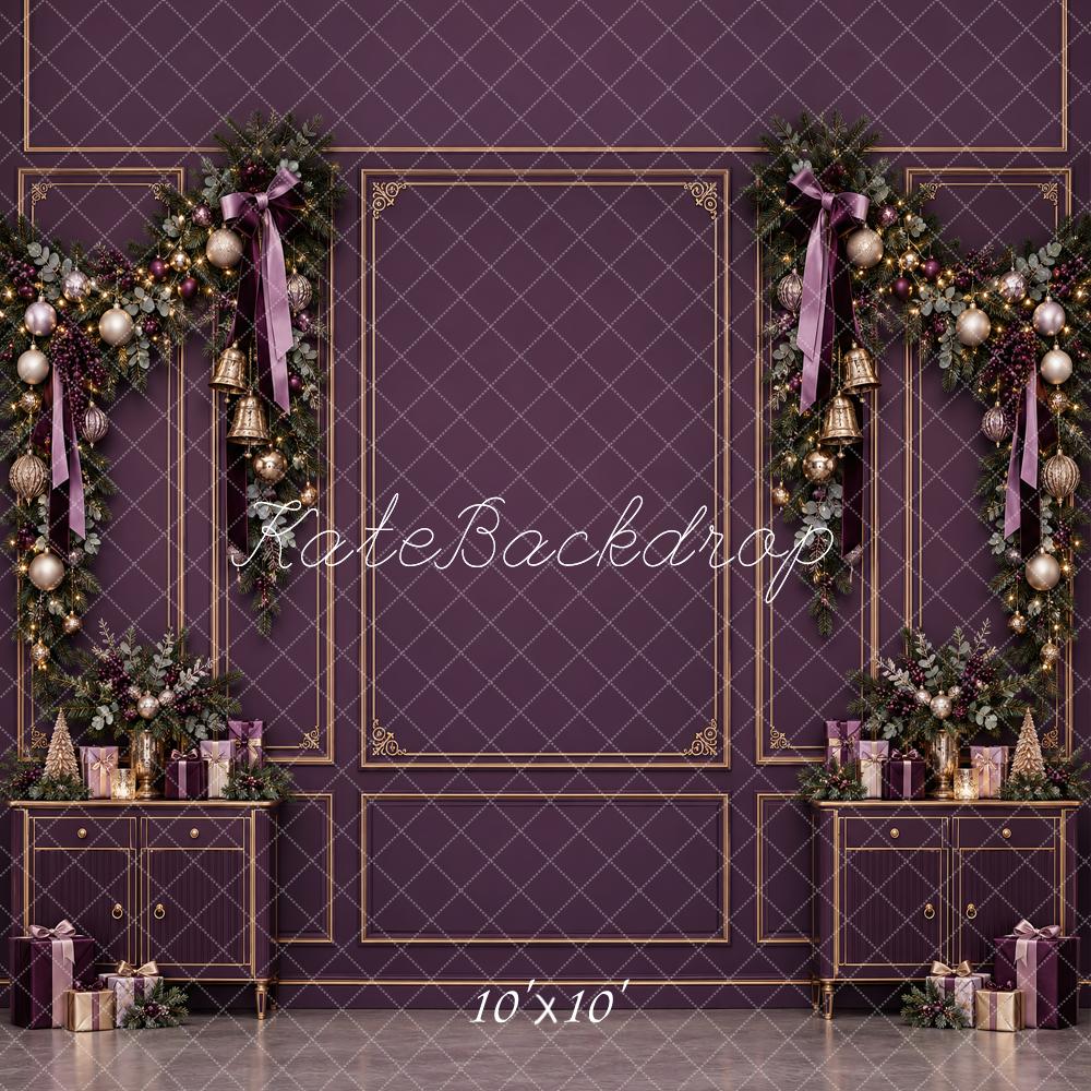 Kate Christmas Purple Garland Cabinet Gold Molding Bows Printed Backdrop Designed by Vertigo Productions