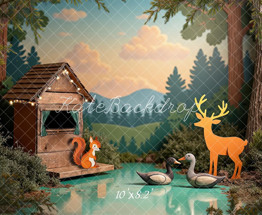 Kate Cake Smash Hunting Forest Cabin Lake Deer Duck Squirrel Backdrop Designed by Laura Bybee