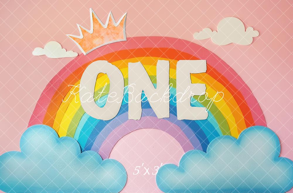 Kate 1st Birthday Rainbow One Crown Clouds Pink Printed Backdrop Designed by Laura Bybee