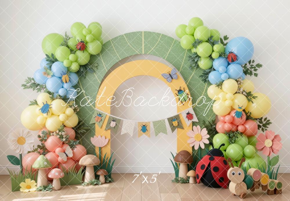 Kate Cake Smash Cute Insects Caterpillar Balloons Arch Mushrooms Ladybug Printed Backdrop Designed by Mini MakeBelieve