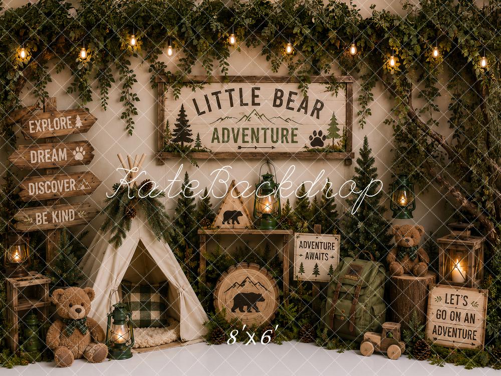 Kate Kids Birthday Forest Adventure Camping Teepee Bear Printed Backdrop Designed by Ashley Paul