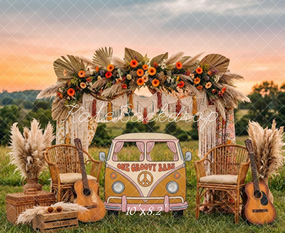 Kate Boho Flower Arch Groovy Truck Field Guitar Printed Backdrop Designed by Patty Roberts