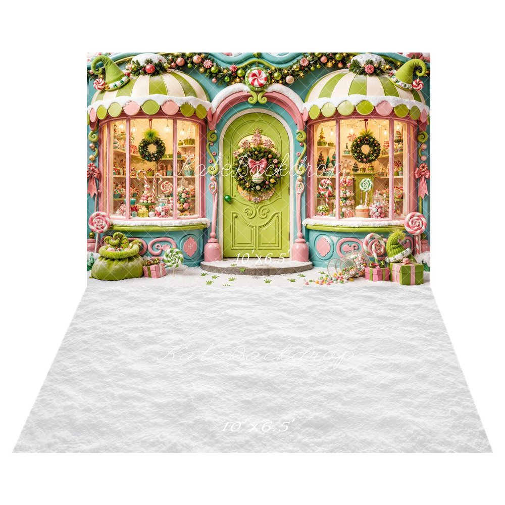 Kate Christmas Whimsical Green Candy Shop Storefront Printed Backdrop+White Snow Floor Printed Backdrop