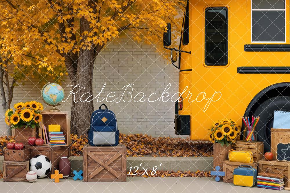 Kate Back To School Bus Maple Tree Backpack Soccer Ball Printed Backdrop Designed by Mini MakeBelieve